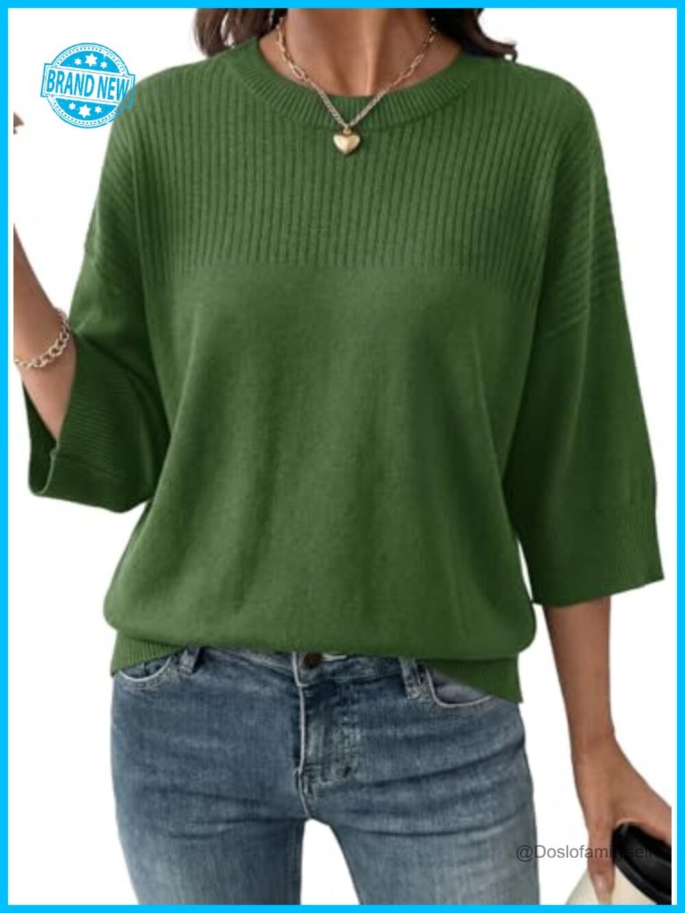 Women's 3/4 Sleeve Sweater Cropped Knit Pullover Top Crew Neck Oversized